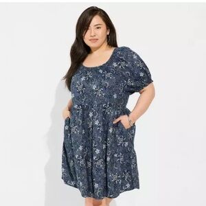 Blue denim floral paisley Mini Chambray Puff Sleeve Smocked Dress L 12